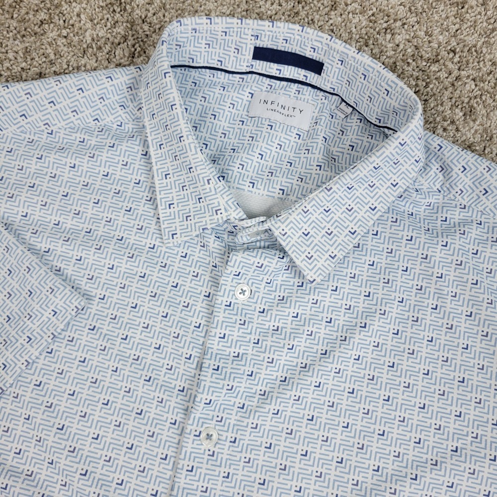 Infinity Linearflex Mens XL White Blue AOP Geometric Performance Button Up SS